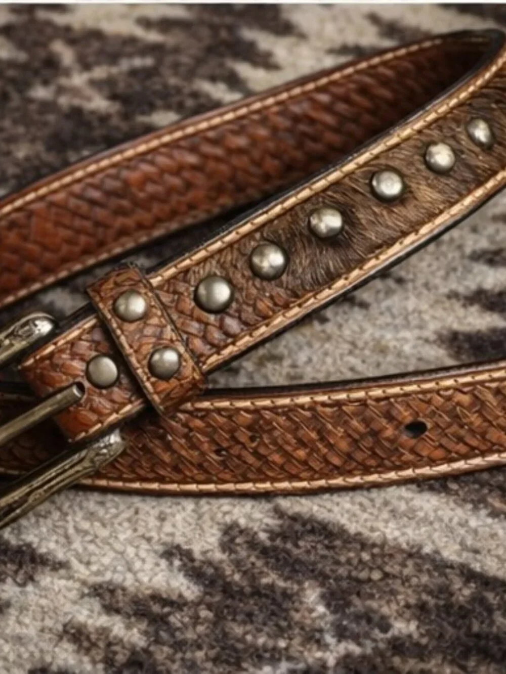 Western Hair On Cowhide Leather Belt Brown Tooled Basketweave- Child